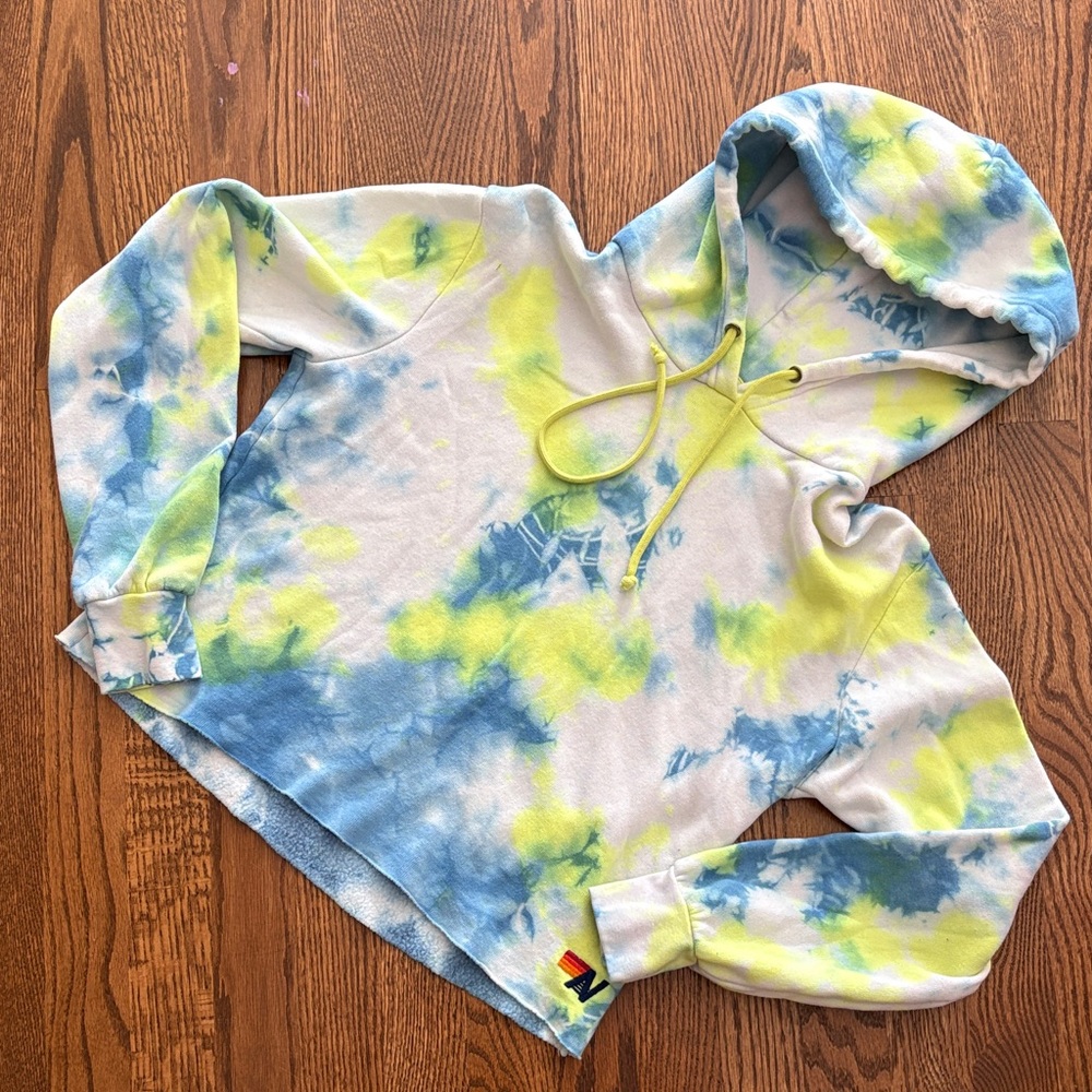 Aviator Nation Cropped Tie-Dye Hoodie with Blue and Yellow